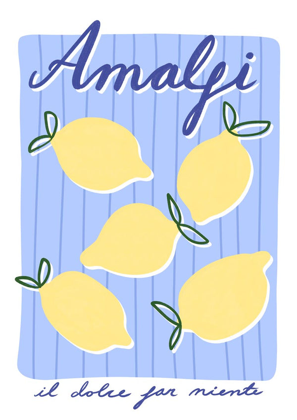 Illustration of five lemons on a blue background with "Amalfi" and "il dolce far niente" text.