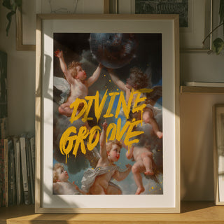 Framed Andreas Magnusson pop art print of cherubs with bold yellow "DIVINE GROOVE" text on product display.