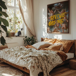 Poster of Divine Groove - Dikhotomy hanging above a cozy, sunlit bed in a stylish bedroom.