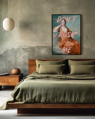 Bedroom with green bedding and Sassy Bubble Gum Portrait by Talitha McQueen, featuring "DON'T RUSH ME" text.