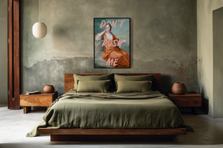 Sassy Bubble Gum Portrait - Talitha McQueen art print displayed above a modern bed in a stylish bedroom.
