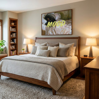 Framed "Woman In Repose - Talitha McQueen" artwork above a neatly made bed in a cozy bedroom setting.