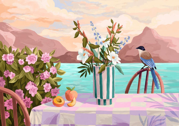 Vase with flowers, fresh peaches, and a bird on a lakeside table at sunset for Peachy Evenings - Goed Blauw.