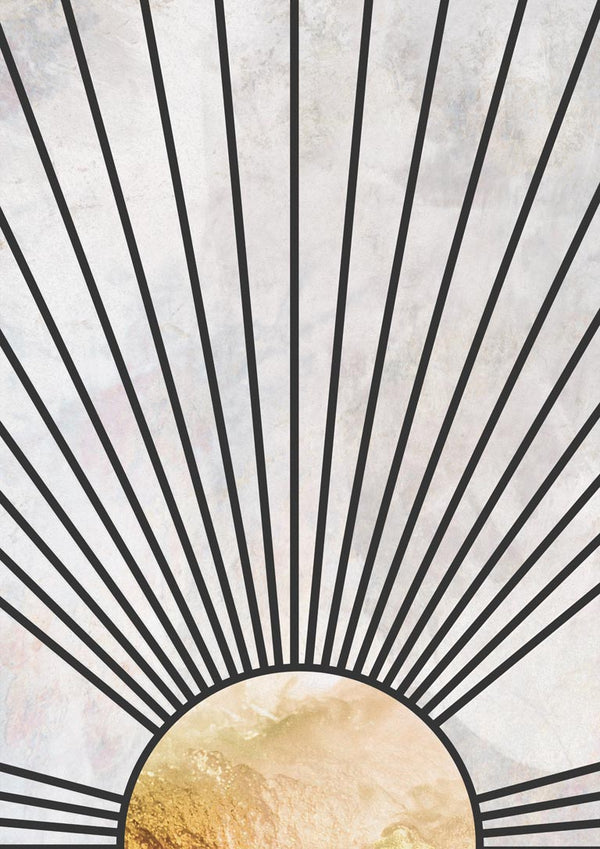 Minimalist art of a rising sun with gold accents and black rays, titled Black Gold Rising Sun by Sarah Manovski.