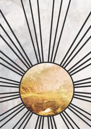 Abstract sunburst with gold textured landscape in center, radiating black lines on Sarah Manovski's product page.