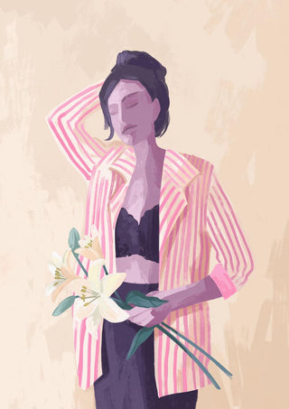 Illustration of a woman in a pink striped jacket holding lilies, featured on the Lilly in a Jacket - Goed Blauw product page.