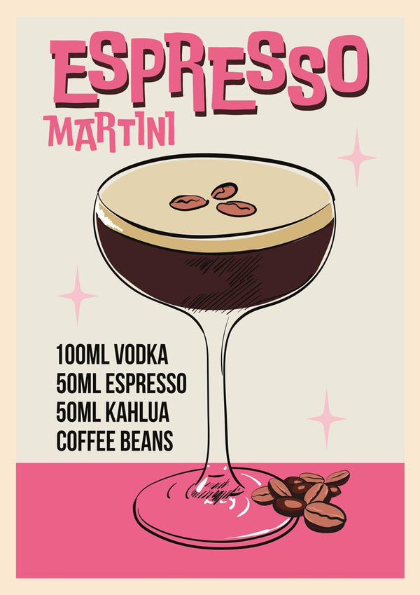 Illustrated Espresso Martini wallchart showing the cocktail, ingredients list, and coffee beans on a pink background.