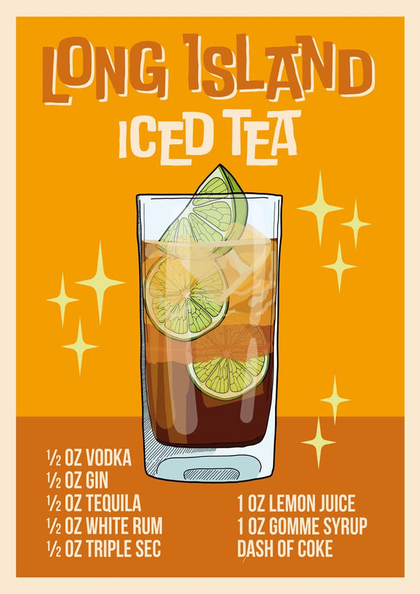 Illustrated Long Island Iced Tea wallchart with recipe, showing a cocktail glass with lime slices.