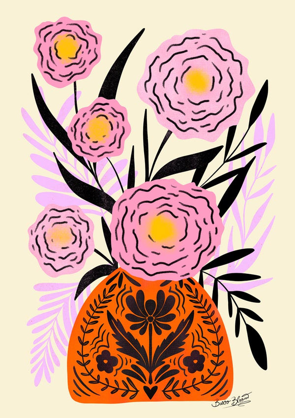 Illustration of pink flowers in a decorative orange vase for the Pink Maxi Flower Vase - Baroo Bloom product page.