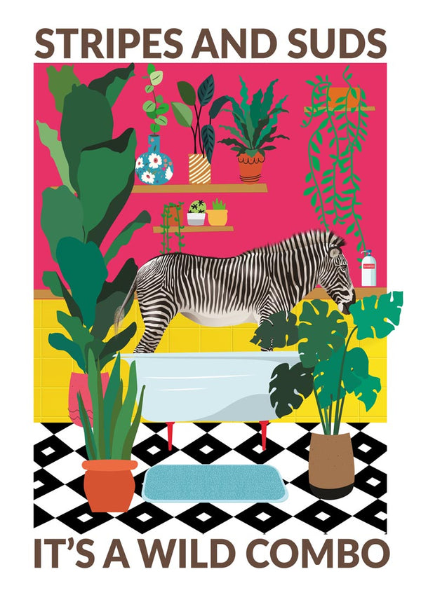 Colorful wallchart of a zebra in a vibrant bathroom with plants, titled "Stripes and Suds: It's a Wild Combo".