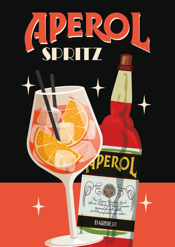 Aperol Spritz wallchart featuring a cocktail glass with orange slices and an Aperol bottle.