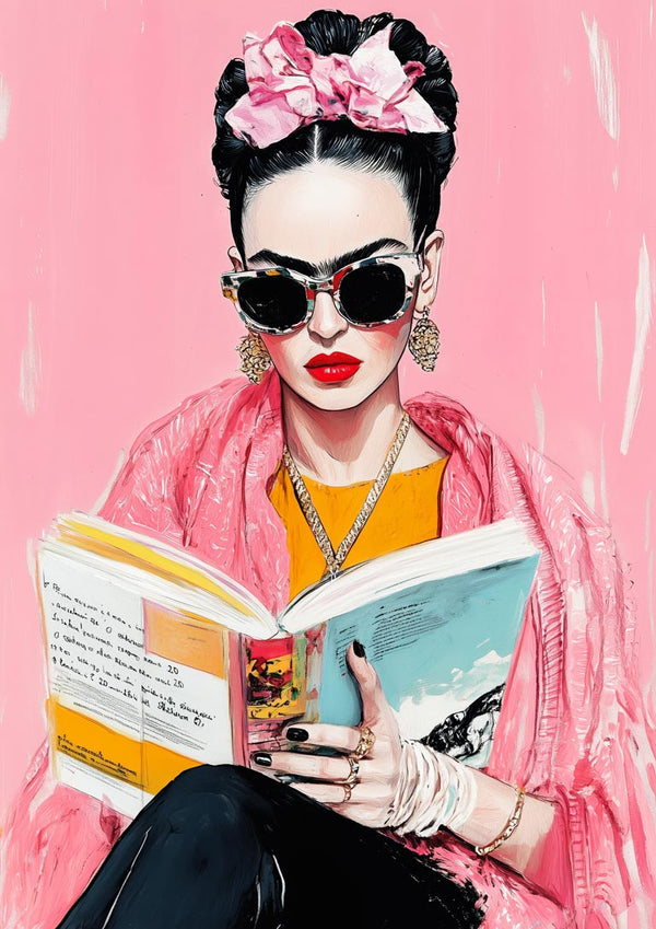 Illustration of a stylish woman reading the Frida Reading Book, wearing sunglasses and a pink shawl.