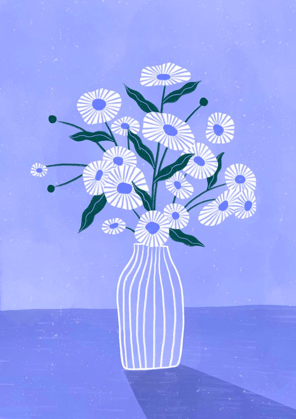 Illustration of white flowers with green stems in a striped vase on a blue background for Flowers In Blue - Bea Muller.
