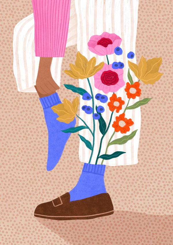 Illustration of legs wearing purple Blooming Socks with flowers growing from them, by Bea Muller.