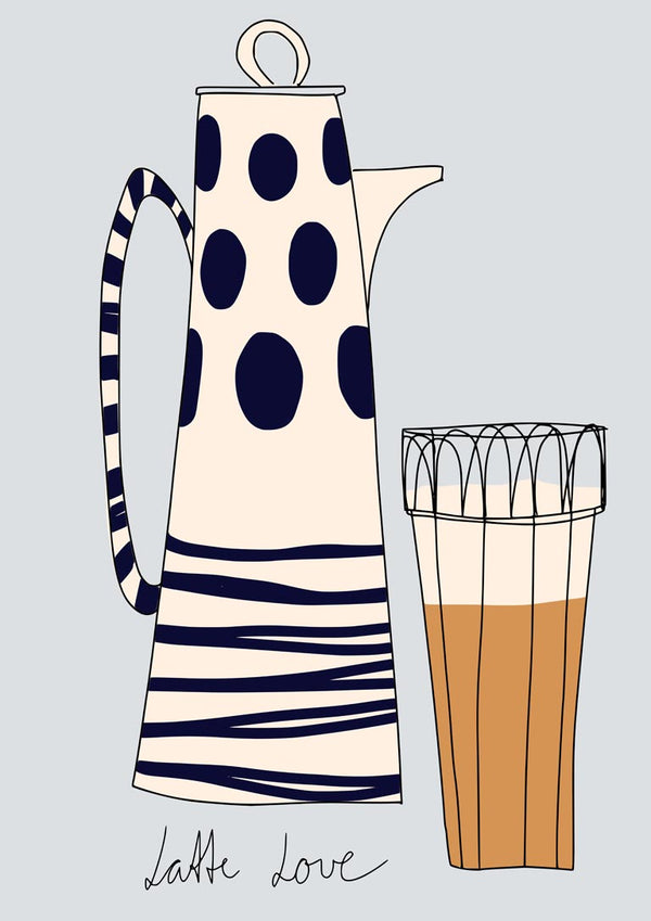 Illustration of the Latte Love coffee pot with stripes and dots beside a tall glass of latte.