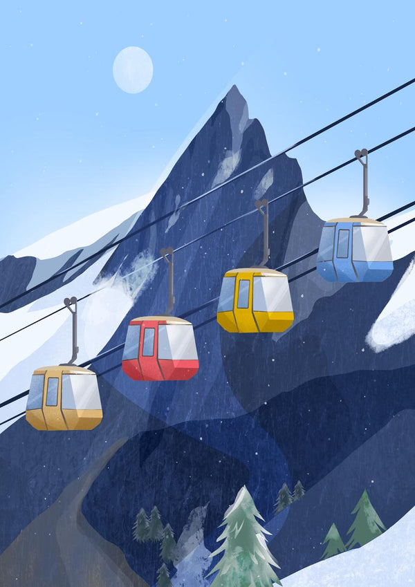 Four colorful ski lift cabins ascend a snowy mountain under a clear sky with rugged peaks in the background.