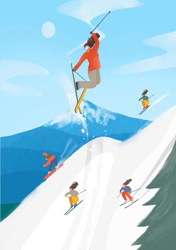 Illustration of girls skiing on a snowy mountain, with one girl jumping high in mid-air under a bright blue sky.