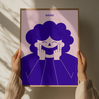Poster of a cartoon person smiling with fingers on cheeks, titled "smile!", from Big Happy Smile by Monika Gregulska.