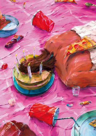 Birthday Indulgence Nap by Natascha Baumgärtner – person asleep face down in a birthday cake among party leftovers