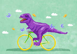 A purple dinosaur rides a yellow and green bicycle, surrounded by butterflies and clouds on a green background.