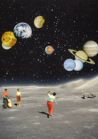 Cosmic Golf by Taudalpoi, vintage golfers playing on the moon under a black sky full of planets