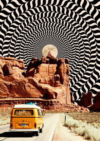 Real Road Trip by Taudalpoi, a yellow camper van on a desert road under an op-art spiral sky