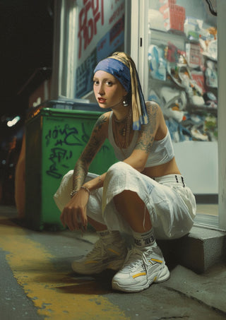 Tattoo Pearl by Dikhotomy — tattooed Girl with a Pearl Earring crouching on a night street