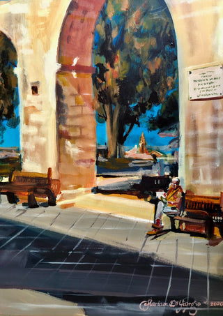 Upper Barrakka Gardens in Valletta by Mariam De Giorgio — limestone arches, green trees and a lone figure reading on a bench in the sun.