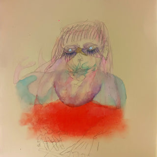 DayDream by Alice Ruja — a pencil and watercolour portrait with star-pupilled eyes above an orange-red cloud on a cream ground.