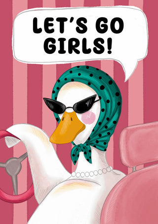 Let's Go Girls by Noomi Rubeksen - a white goose in cat-eye sunglasses and a teal polka-dot headscarf at a pink steering wheel