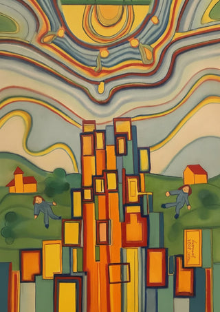 The Tower by Gerard Ceulemans - pastel drawing of a tower of orange and yellow blocks under a rippling sky with a yellow sun
