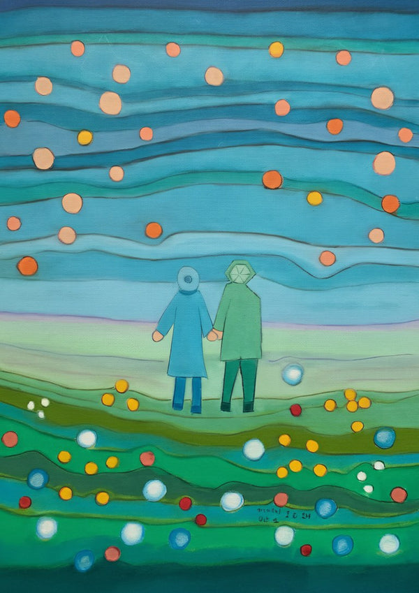 Walking in the Evening by Gerard Ceulemans - pastel drawing of a couple hand in hand on a dotted green meadow under a teal sky