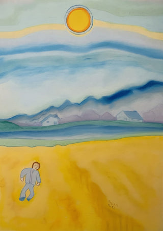 The Wheat Field by Gerard Ceulemans - pastel landscape of a small figure in a golden wheat field under a blue sky and bright sun