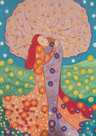 The Kiss by Gerard Ceulemans - pastel drawing of an embracing couple in patterned robes beneath a pink blossom tree