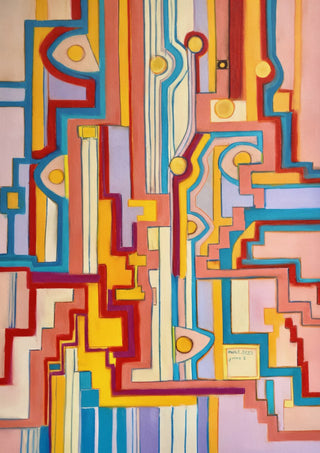 The Railway by Gerard Ceulemans - geometric pastel abstract of track-like lines with yellow circles in turquoise, red and yellow on pink