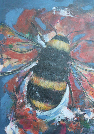 Bumblebee by Ritta Henriques Jorge - a black and yellow bumblebee on a coral red flower against dusty blue