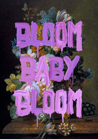 Bloom Baby Bloom by Jonas Loose - dripping lilac-pink capitals over a dark Dutch flower still life