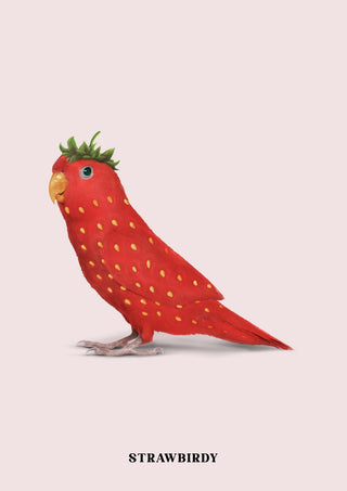 Strawbirdy by Jonas Loose - a parrot with the scarlet seeded skin of a strawberry on pale pink