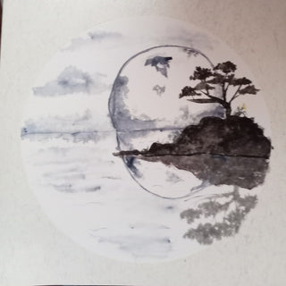 Island in Mist by Tracey - a tree on a rocky island in grey ink wash inside a drawn circle
