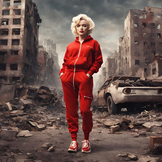 Red Velvet Apocalypse by Devour Art - Marilyn Monroe in a red tracksuit in a bombed-out street