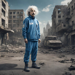 Relativity of Ruins by Devour Art - Albert Einstein in a blue tracksuit in a gutted street