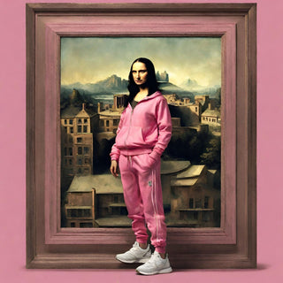 Pink Renaissance by Devour Art - the Mona Lisa in a pink tracksuit stepping out of a pink frame