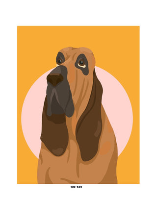 Big Dog by Jakob Falkenberg - a bloodhound on an orange panel with a pale pink circle behind its head