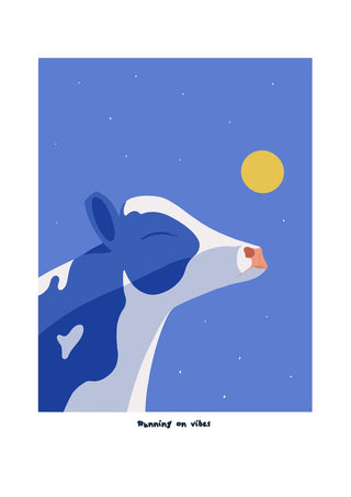 Running On Vibes by Jakob Falkenberg - a cow lifting its muzzle to a blue night sky with a yellow moon