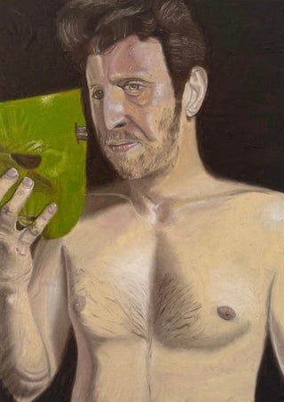 Rest without filters by Enrico - a man holding a bright green mask away from his face against black
