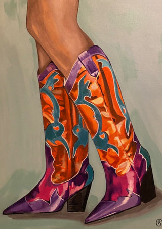 Cowboy Boots by Art By Biba - tall orange and magenta western boots with teal inlay on washed sage green