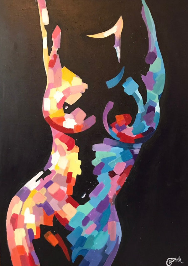 Mosaic Nude in Colour by Art By Biba - a standing figure built from coral, blue and violet patches on black