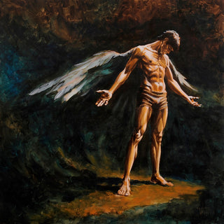 Standing Angel by VanW - a bowed winged man with open hands against a dark green-brown ground