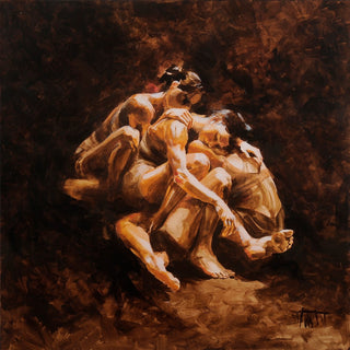 Stay by VanW - a knot of seated figures pressed together in cream and ochre against dark brown