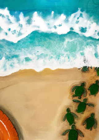 Diving into summer by KG Studio - green turtle hatchlings crossing wet sand into turquoise surf seen from above